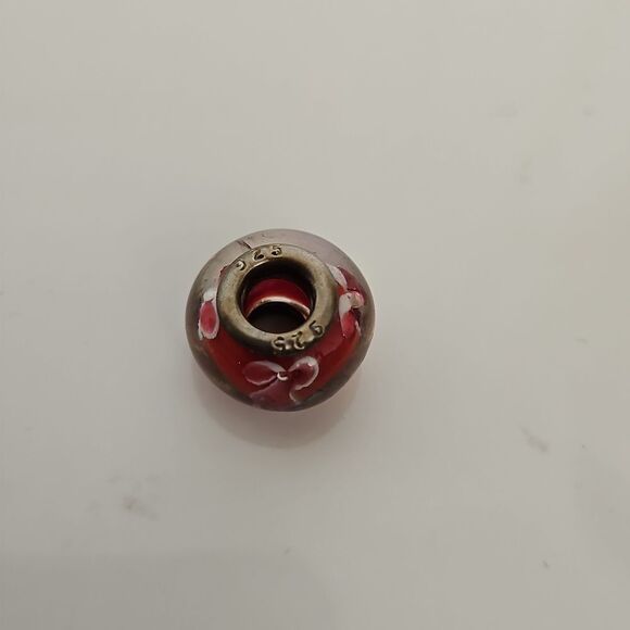 Murano Glass Bead Flower Charm 925 Burgandy - Picture 1 of 16